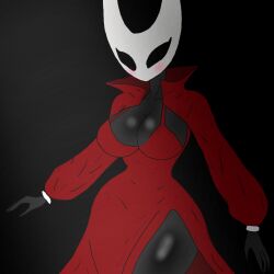 artist_request big_breasts black_body blush breasts cleavage collar dress eyebrowless female furry hollow_knight hornet_(hollow_knight) insects no_artist no_artist_signature no_source red_clothing red_dress seductive shy solid_eyes source_request walking