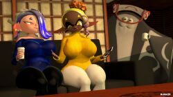 2024 3d artist_name background big_breasts big_man_(splatoon) black_pants black_skin blue_eyebrows blue_hair blue_sweater breasts dark-skinned_female dark_skin deep_cut_(splatoon) frye_(splatoon) frye_onaga garry's_mod hair_over_eye hair_over_one_eye headband headwear hi_res holding_coffee holding_coffee_cup holding_object holding_phone light-skinned_female light_skin marine marine_humanoid medium_hair mollusk mollusk_humanoid nintendo one_eye_closed pointy_eared_humanoid pointy_ears pseudo_hair relliksb shiver_(splatoon) shiver_hohojiro splatoon splatoon_(series) splatoon_3 stingray sweater tentacle tentacle_hair tooth_earrings yellow_eyebrows yellow_hair yellow_sweater