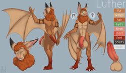 balls bat big_balls big_penis dbd erection fur grey_background half-erect huge_balls huge_cock luther_(luther-bat) male mammal model_sheet orange_fur penis simple_background solo wings