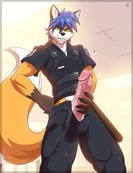 1boy acheron_(acheronthefox) anthro big_penis bulge canine clothed clothing erection fox humanoid_penis looking_at_viewer male male_only mammal penis smile solo tridark unzipped