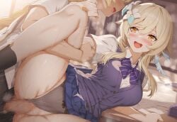 1boy 1girls aether_(genshin_impact) ai_generated blonde_hair blush brother_and_sister genshin_impact holding horny_female incest lumine_(genshin_impact) mihoyo pleasure_face school_uniform sex straight sweat vaginal_penetration vaginal_sex