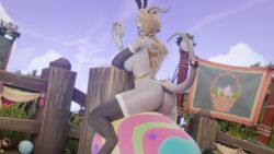 3d blonde_hair bunny_ears bunny_girl celne draenei easter egg fishnets golden_eyes holding_egg horns lightforged_draenei looking_at_viewer morilymory stockings tail world_of_warcraft