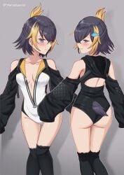 ass black_hair breasts cleavage cosplay nijisanji nijisanji_en penguin_girl penguin_tail petra_gurin short_hair stockings tail virtual_youtuber vtuber xanadu_avici zipper zipper_down