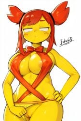 1female 1girls ai_generated bikini blush breasts edit female female_only joku676 lingerie nipple_bulge nipples no_pupils phoenix_sc phoenixsc-chan pussy red_hair rule_63 short_hair stolen_art tagme vagina white_eyes white_pupils yellow_body yellow_skin