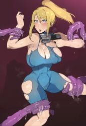 armpits bobtheneet bumpy_tentacle cleavage metroid restrained ripped_clothing samus_aran slime_(substance) tentacle tight_clothing zero_suit_samus