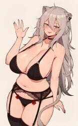 1girls ahoge bare_shoulders black_bra black_choker black_garter_straps black_panties black_thighhighs blush bra breasts cameltoe choker cleavage collarbone ear_piercing female garter_belt garter_straps grey_eyes grey_hair hair_between_eyes hololive hololive_gen_5 hololive_japan large_breasts lion_ears lion_girl long_hair nail_polish navel painted_nails panties red_nails shishiro_botan sideboob solo thighhighs thighs tongue tongue_out varniskarnis virtual_youtuber