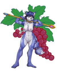 2016 abs athletic blue_fur blue_hair breasts canine domino_(artist) ear_piercing female food fox fruit fur grapes hair jewelry krystal looking_at_viewer mammal markings navel necklace nintendo nipples nude piercing pussy smile staff star_fox tattoo tribal video_games