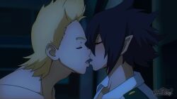 2boys amajiki_tamaki animated black_hair blonde_hair blush closed_eyes french_kiss french_kissing gay gif kissing lemillion male male_focus maoh_king mirio_togata multiple_males my_hero_academia pointed_ears shirtless shounen_jump suneater tagme tamaki_amajiki togata_mirio tongue_kiss yaoi