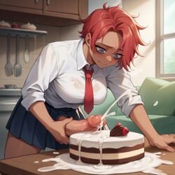 1futa ai_generated big_penis cake cum cum_on_cake erection erection_under_skirt futanari kitchen kneeling masturbation no_bra no_panties penis_out school_uniform