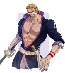 1boy dilf glasses male male_only muscular muscular_male one_piece open_clothes open_shirt silvers_rayleigh smiling solo sword tattooed