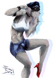 1futa armpits bulge commission final_fight furan_sonoda futanari hat high_heels leg_up petrification pink_hair poison_(final_fight) police_hat short_shorts statue stone_skin street_fighter tank_top