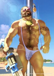 1boy banana_hammock bara beach beard bulge bulge_through_clothing dark_hair facial_hair graves_(league_of_legends) hairy_chest league_of_legends male male_nipples male_only male_pubic_hair muscular_male naxxillustration nipples penis penis_outline pubic_hair riot_games sunglasses sunlight underwear