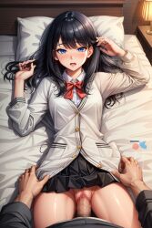 1boy 1girls ai_generated artsbuyu bangs black_hair blue_eyes blush censored embarrassed hair_between_eyes hi_res long_hair long_sleeves looking_at_viewer lying medium_breasts missionary_position open_mouth penis pussy ribbon school_uniform sex sidelocks skirt spread_legs ssss.gridman stable_diffusion straight straight takarada_rikka uniform vaginal_penetration vaginal_penetration