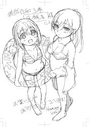 2girls absurdres artist_name barefoot bikini blush coat expressionless hamuro_kei hanamura_koharu highres looking_at_viewer multiple_girls official_art open_mouth ponytail shirotsuki_mafuyu signature sketch smile standing swimsuit take_your_pick tsurezure_biyori