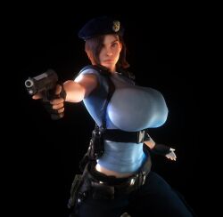 1girls 3d 3d_(artwork) alternate_breast_size breasts_bigger_than_head clothed clothed_female female female_only female_solo gigantic_breasts gun hat holding_gun holding_object holding_weapon huge_breasts human human_female human_only jill_valentine pistol resident_evil resident_evil_3 solo solo_female top_heavy top_heavy_breasts vaako weapon