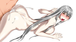 ass back blush breasts butt_crack cum cum_explosion cum_in_pussy dimples_of_venus ebido ejaculation embarrassed eyebrows eyebrows_visible_through_hair female grey_hair highres huge_breasts large_breasts legs long_hair looking_back navel nude open_mouth orange_eyes pale_skin raised_eyebrows selvaria_bles sex shiny shiny_skin silver_hair simple_background solo_focus sweat tears thighs vaginal_penetration valkyria_chronicles white_background