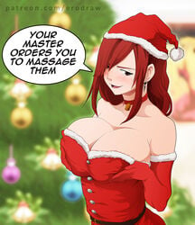 1girls 2016 bare_shoulders bell big_breasts blush breasts brown_eyes christmas christmas_tree collar costume earrings elbow_gloves english_text erodraw erza_scarlet eyebrows eyelashes fairy_tail female female_only hair_over_one_eye highres human large_breasts long_hair looking_at_viewer nose open_mouth presenting red_hair santa_hat shiny shiny_skin solo text tongue upper_body