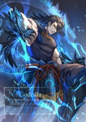 1boy armor aura black_hair clawed_gauntlets elbow_spikes godzilla godzilla_(series) highres kurosaki_sasori long_hair male_only monsterverse muscular muscular_male personification ponytail solo tail