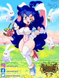 blue_hair breasts brown_hair bunny_costume bunny_ears bunnysuit caloweid_arts easter easter_egg easter_eggs female holidays rebeca solo