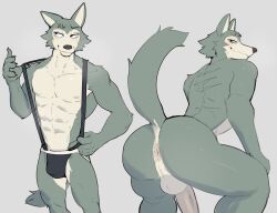 1boy abs anthro anthro_only anus areola ass athletic athletic_anthro athletic_male beastars big_butt big_penis black_nose blush canid canine canis cheek_tuft clothed clothing cute_expression ears_up erection eye_bags facial_tuft fur gay genitals grey_body grey_fur hi_res inviting jockstrap jockstrap_only jrjresq legoshi_(beastars) looking_at_viewer looking_back looking_back_at_viewer male male_only mammal nipples nude pecs penis pink_blush seductive small_waist solo spread_anus spread_butt spreading straps thick_penis topless tuft underwear underwear_only white_body white_fur wolf