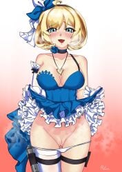 big_breasts blonde_hair blue_dress blush blushed breasts breasts bun girls'_frontline gun legs_together m1911 m1911_(girls'_frontline) mrpawa panties panties_down pussy pussy_juice pussy_juice_drip thick_thighs thigh thighs wet wet_pussy white_gloves