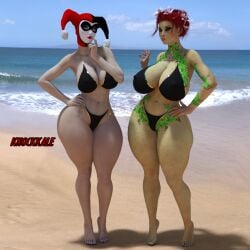 2girls 3d 3d_(artwork) artist_name batman:_arkham_knight batman_(series) beach big_breasts bikini bottom_heavy busty child_bearing_hips curvaceous curvy curvy_figure dc dc_comics female female_only giant_breasts green-skinned_female green_skin harley_quinn harley_quinn_(arkham) harley_quinn_(arkham_knight) harley_quinn_(classic) hips hourglass_figure huge_breasts knockkale legs light-skinned_female light_skin multiple_girls pamela_isley poison_ivy poison_ivy_(arkham) poison_ivy_(arkham_knight) red_hair thick thick_hips thick_legs thick_thighs thighs villain villainess voluptuous voluptuous_female waist wide_hips