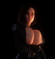 1girls 3d 3d_(artwork) alternate_breast_size areola_slip areolae areolae_slip arm_under_breasts asymmetrical_hair black_bodysuit black_widow_(marvel) bodysuit cleavage clothed clothed_female female female_only female_solo green_eyes human human_female human_only marvel marvel_cinematic_universe marvel_comics natasha_romanoff nipple_slip nipples open_bodysuit open_clothes red_hair solo solo_female vaako