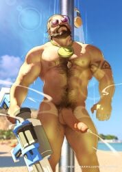 1boy ai_generated balls bara beach beard big_balls big_penis body_hair completely_nude cum cum_drip cumming dark_hair ejaculation gay genital_fluids hairy_chest hairy_male league_of_legends malcolm_graves male male_nipples male_only male_pubic_hair muscular_male naxxillustration nipples nude orgasm penis pool_party_graves pool_party_series riot_games solo sunglasses sunlight