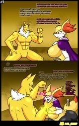 absurd_res agalmatophilia al_gx anthro anthrofied big_breasts big_dom_small_sub black_border border braixen breasts canid canine casual_nudity clothing comic defeat defeated defeated_heroine dominant duo english_text female fox fur generation_1_pokemon generation_6_pokemon gold_(metal) hair hi_res hypno_(pokemon) hypnosis inanimate_transformation magic_user male male/female mammal mature_female mind_control muscular muscular_male nintendo pendulum petrification pokemon pokemon_(species) red_hair size_difference spiral spiral_eyes text transformation white_body white_fur witch yellow_body yellow_fur