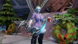 1girls 3d blizzard_entertainment christmas female green_hair muscular_female night_elf purple_skin solo tyrande_whisperwind warcraft winter_veil world_of_warcraft zeratul101286