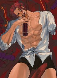 alcohol amputated_arm amputee bottle facial_scar guillartee holding holding_bottle holding_object looking_at_viewer male male_only mature mature_male muscular muscular_male one_piece open_shirt red_eyes red_hair scar scar_on_face shanks solo spread_legs stubble tongue_out underwear white_shirt