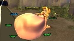 ami_bandicoot blonde_hair breasts crash_(series) crash_(series) eating furry isabella_bandicoot naked nude sfm source_filmmaker struggling struggling_prey swallowing vore vore_belly