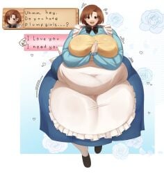 1girls chubby dialogue dialogue_box dress elli_(harvest_moon) fat female female_only fully_clothed harvest_moon huge_thighs hyper hyper_hips hyper_thighs obese obese_female overweight plump smile solo stackydraws thick_thighs wide_hips