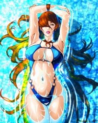 1girls arms_up big_breasts bikini breasts brown_hair female female_only floating green_eyes in_water legs_together lipstick lying_down lying_on_back lying_on_water magazine_cover mature mature_female mei_terumi mizukage naruto naruto_(series) naruto_shippuden one-piece_swimsuit saburo_des solo solo_focus swimsuit text very_long_hair water wet wet_hair wet_skin