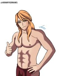 1boy abs aramyx ferdinand_von_aegir fire_emblem fire_emblem:_three_houses long_hair looking_at_viewer male male_only muscular muscular_male nintendo orange_eyes orange_hair smile solo thumbs_up topless white_background