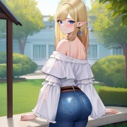 1girls ai_generated alborewimi ass bare_shoulders belt big_ass blonde_hair blue_eyes blue_jeans blush denim denim_bottomwear denim_clothing denim_jeans earrings elf elf_ears female firm_ass from_behind jeans light-skinned_female looking_at_viewer looking_back nai_diffusion off_shoulder outdoors pawg pockets pointy_ears posing presenting rear_view showing_ass solo stable_diffusion standing tight_jeans white_shirt