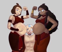 1boy 2girls aang air_nomad airbender_tattoo avatar_legends avatar_the_last_airbender cheating chocolate_and_vanilla dark-skinned_female double_pregnancy earth_kingdom face_squish female fire_nation_clothing harem harem_girls human katara klassyarts_(artist) light-skinned_female light-skinned_male male multiple_girls multiple_pregnancies nickelodeon nonbender pregnant pregnant_belly pregnant_female repopulation rosie_the_riveter suki the_avatar water_tribe