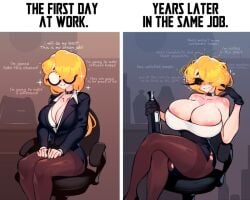 age_progression before_and_after big_breasts black_choker blonde_hair bottle breasts choker cleavage crossed_legs depression drunk female female_only joker_arc keiko_(sachiko2s) large_breasts office_lady orange_hair pantyhose ripped_pantyhose sachiko sachiko_lashes skirt solo