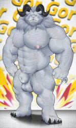 abs absurd_res animal_genitalia anthro areola arm_hair balls biceps biped body_hair chest_hair claws eyebrows felid fingers genitals gor_(splash_toru) grey_mane hi_res horn lion male mammal mane muscular muscular_anthro muscular_male navel nipples pantherine pecs sheath solo splash_toru tail tail_tuft tuft