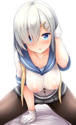 arm_support black_legwear blush breasts collarbone erect_nipples female gloves hair_ornament hairclip hamakaze_(kantai_collection) jpeg_artifacts kantai_collection leaning_forward looking_at_viewer on_bed pantyhose pillow see-through short_hair silver_hair simple_background solo straddling sweat uni8 white_background white_gloves