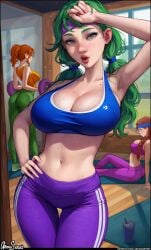 3girls aroma_sensei breasts bust busty caroline_(stardew_valley) chest curvaceous curvy curvy_figure cute cute_face digital_media_(artwork) farmer_(stardew_valley) female female_focus green_eyes hips hourglass_figure huge_breasts human jodi_(stardew_valley) legs light-skinned_female light_skin lips mature mature_female navel robin_(stardew_valley) slim_waist stardew_valley sweat sweatdrop sweating sweating_profusely thick thick_hips thick_legs thick_thighs thighs voluptuous waist wholesome wide_hips wiping_sweat workout yoga_pants