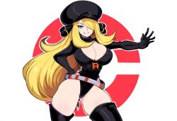 ai_generated areola_slip blonde_hair corrupted corruption cynthia_(pokemon) enemy_conversion female large_breasts leotard long_hair mature_female novelai pokemon pokemon_dppt smile team_rocket team_rocket_uniform thick_thighs