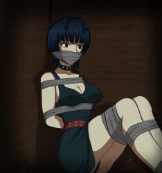 1girls blue_hair bondage gag gagged leila2015 persona persona_5 short_hair solo tae_takemi tape_bondage tape_gag