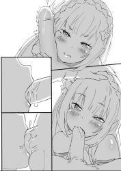 angry_face balls begging_for_sex blowjob blushing_at_partner blushing_male blushing_profusely breasts canon_couple cock cock_worship comic cute_face dick dominant_female elf elf_ears elf_female embarrassed emilia_(re:zero) erect_penis flower_in_hair gear_art hand_on_head hentai horny_female imminent_sex jacket natsuki_subaru no_color ornament penis_on_face pinned purple_eyes re:zero_kara_hajimeru_isekai_seikatsu saliva_on_penis shy silver_hair sweat sweating virgin wholesome