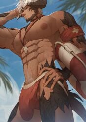 1boy abs au_ra balls bara big_bulge bulge bulge_through_clothing curled_horns final_fantasy final_fantasy_xiv huge_bulge jockstrap jockstrap_only lifeguard looking_at_viewer looking_down looking_down_at_viewer low-angle_view male male_nipples male_only melanthios_deco muscular muscular_arms muscular_chest muscular_male nipples pecs penis_outline pov pov_eye_contact pubic_hair punim410 serious solo solo_male standing standing_over_viewer sweat sweating topless underwear unimpressed whistle whistle_around_neck white_hair