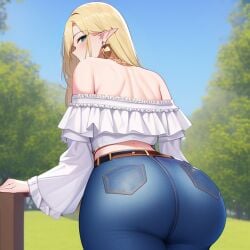 1girls ai_generated alborewimi arched_back ass ass_focus bare_shoulders belt bent_over big_ass big_butt blonde_hair blue_jeans curvy denim dumptruck_ass earrings elf elf_ears emotionless fat_ass female from_behind green_eyes heavenly_ass huge_ass huge_butt indifferent jeans light-skinned_female looking_at_viewer looking_back massive_butt mature_female nai_diffusion oblivious off_shoulder outdoors pawg pockets pointy_ears posing presenting rear_view round_ass round_butt showing_ass solo stable_diffusion tight_jeans