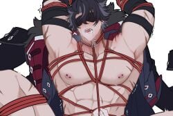 arms_up bondage juju_eateatuwu male_only muscular_male nipple_piercing pecs rope_bondage wriothesley_(genshin_impact)