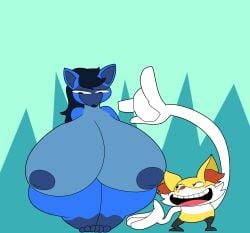 big_breasts braixen breasts huge_breasts lucario nintendo pokemon pokemon_(species) teaset_haliley thick_thighs wide_hips