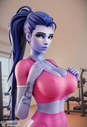 ai_generated blizzard_entertainment blue_skin galszip gym overwatch overwatch_2 solo sports_bra sports_uniform sweat sweating sweaty_body sweaty_breasts widowmaker yellow_eyes