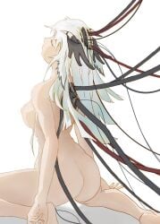 android arknights ass back bare_shoulders breasts cable closed_eyes female ghost_in_the_shell head_tilt highres kneeling lfacras long_hair medium_breasts nipples nude owl_ears ptilopsis_(arknights) shadow sideboob simple_background solo thighs white_background white_hair